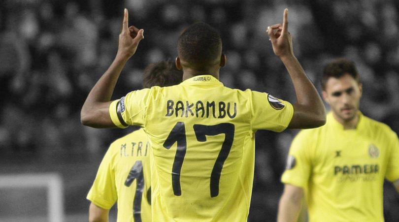 Villarreal Congolese forward Cedric Bakambu celebrates the second goal before Bayer Leverkusen during a UEFA Europa League, 10 March 2016. 