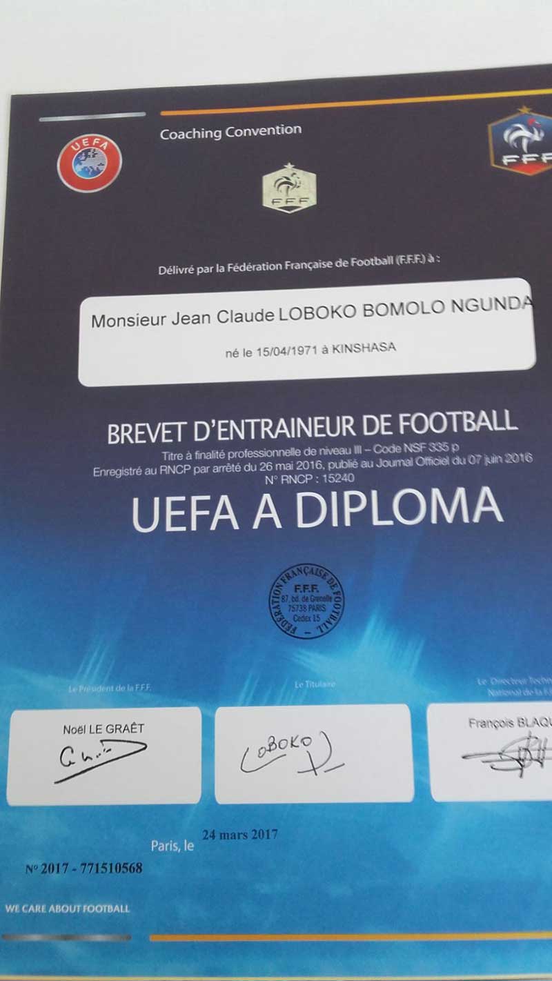Diplôme UEFA de Jean-Claude Loboko